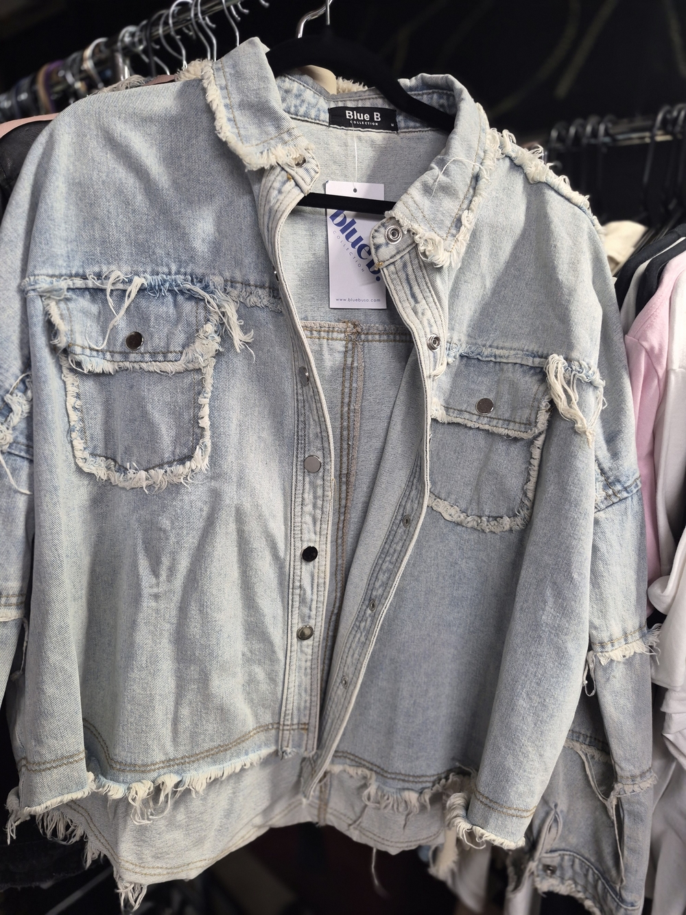Distressed Light Wash Denim Jacket - Shacket Women's